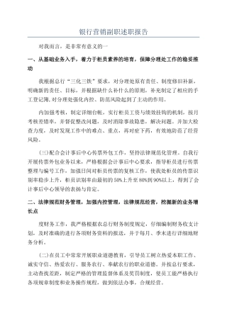 银行营销副职述职报告