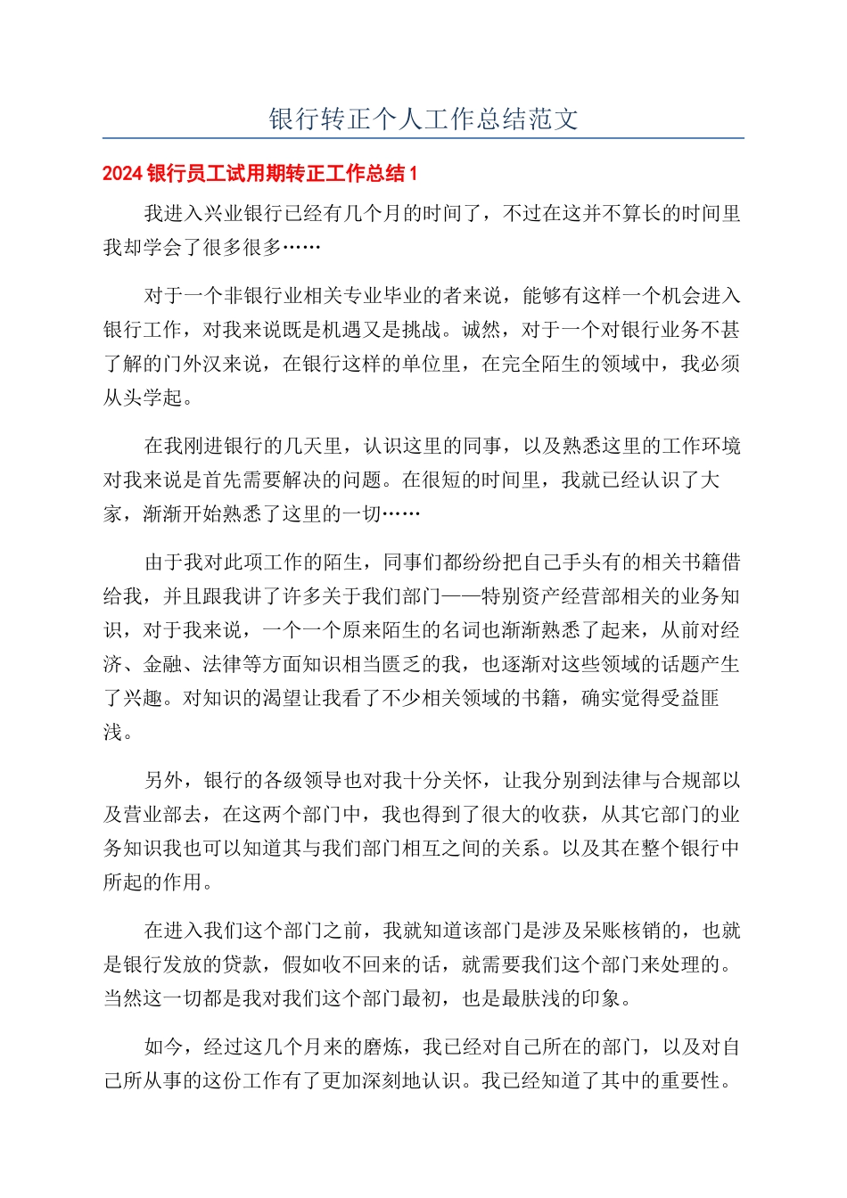 银行转正个人工作总结范文_第1页