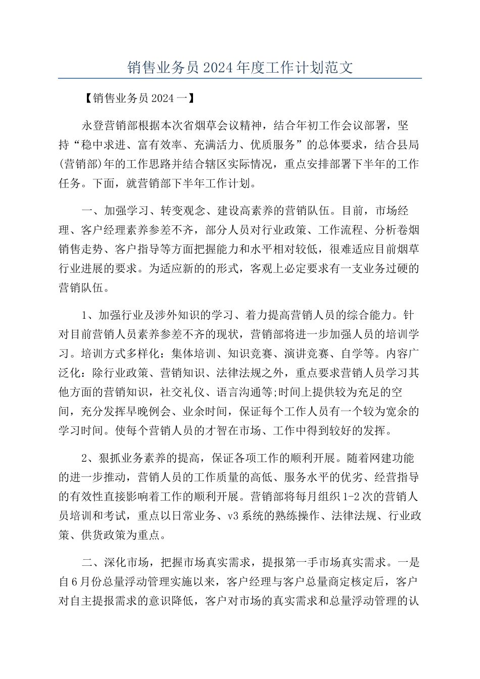 销售业务员2024年度工作计划范文_第1页