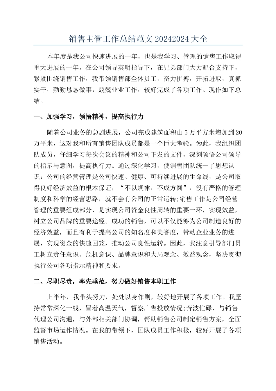销售主管工作总结范文20242024大全_第1页