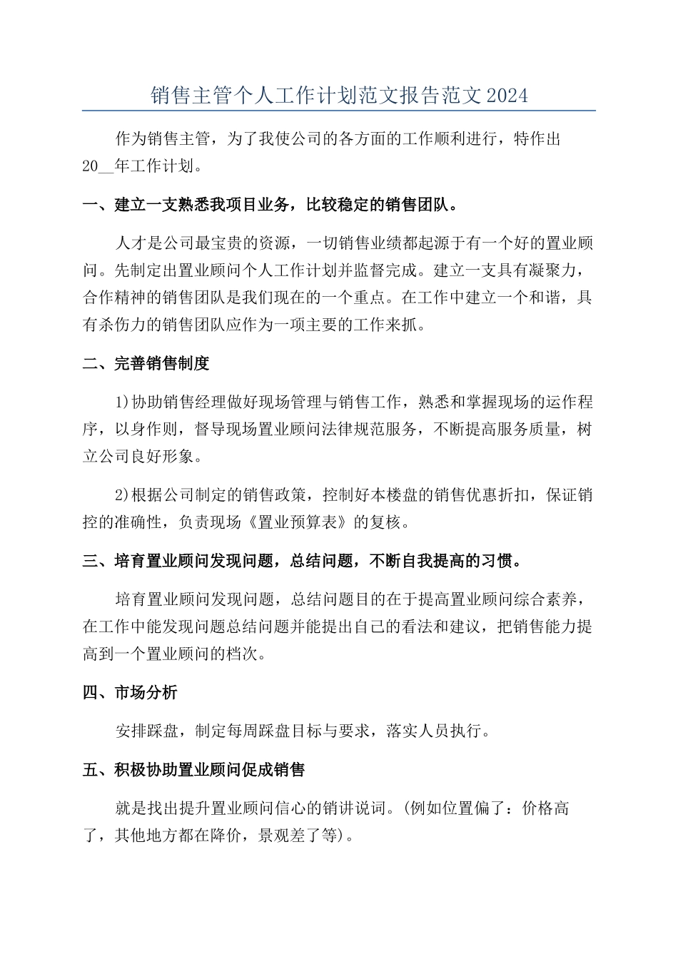 销售主管个人工作计划范文报告范文2024_第1页