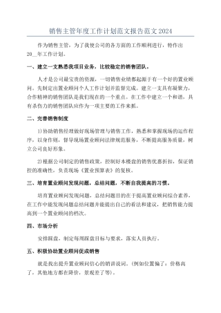 销售主管年度工作计划范文报告范文2024