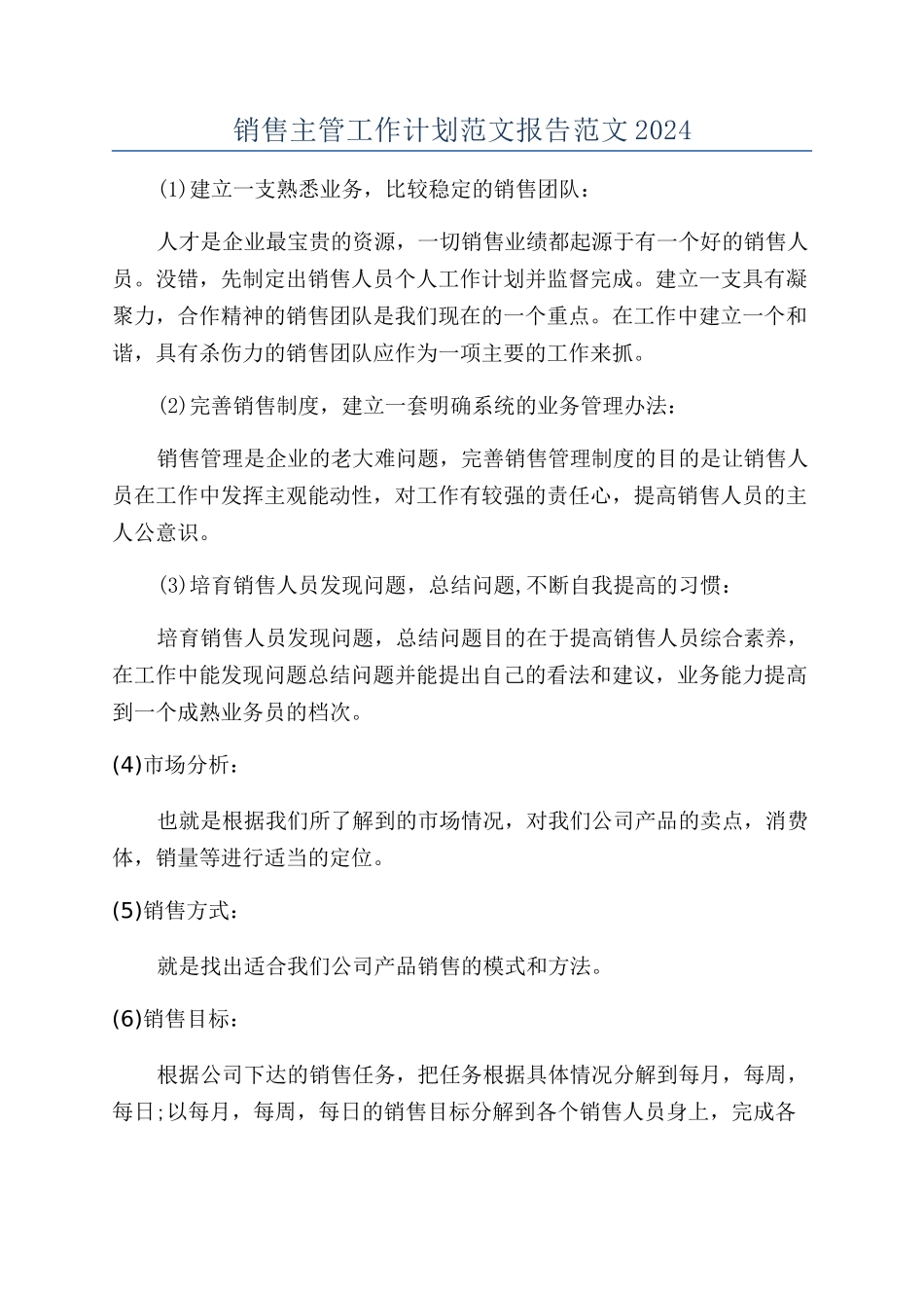 销售主管工作计划范文报告范文2024_第1页