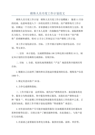 销售人员月度工作计划范文