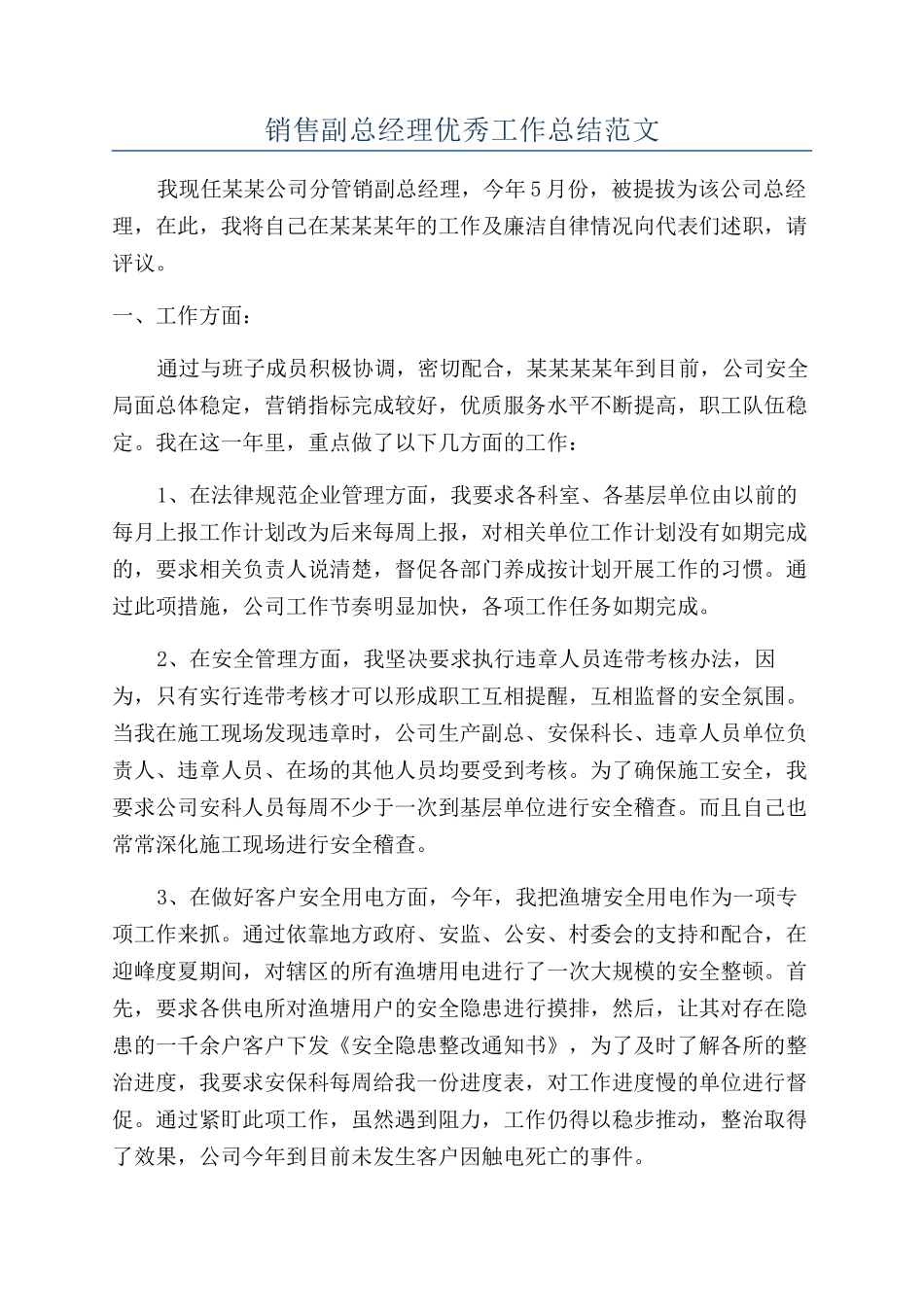 销售副总经理优秀工作总结范文_第1页