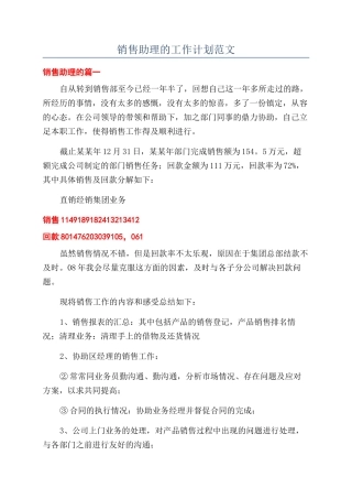 销售助理的工作计划范文