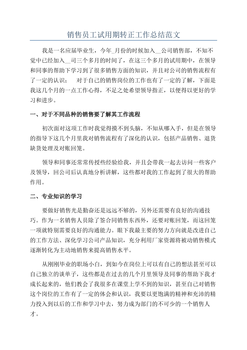 销售员工试用期转正工作总结范文_第1页