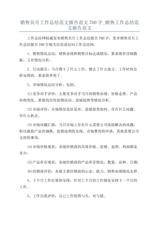 销售员月工作总结范文报告范文700字-销售工作总结范文报告范文