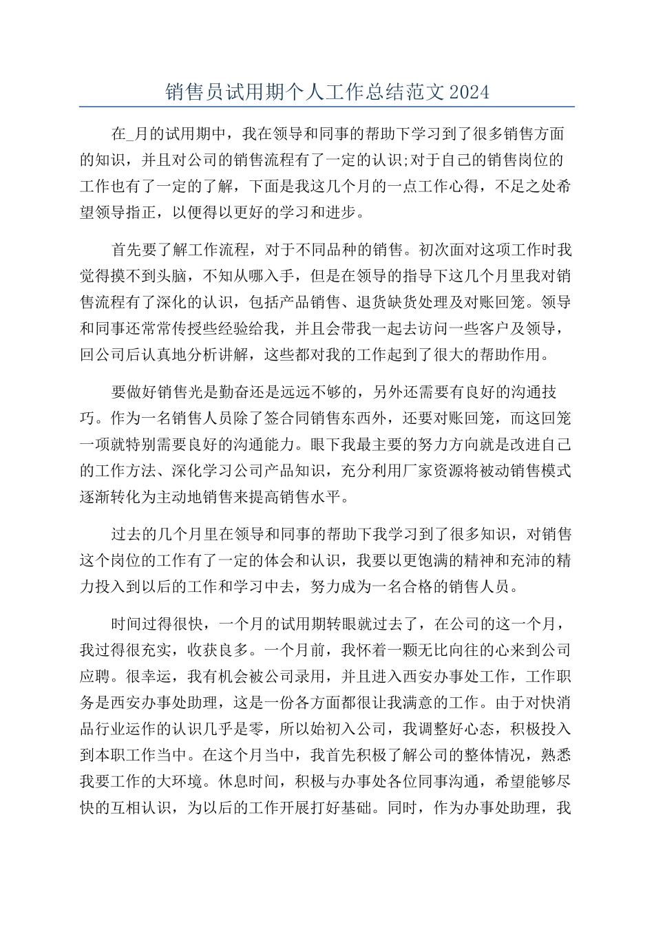 销售员试用期个人工作总结范文2024_第1页