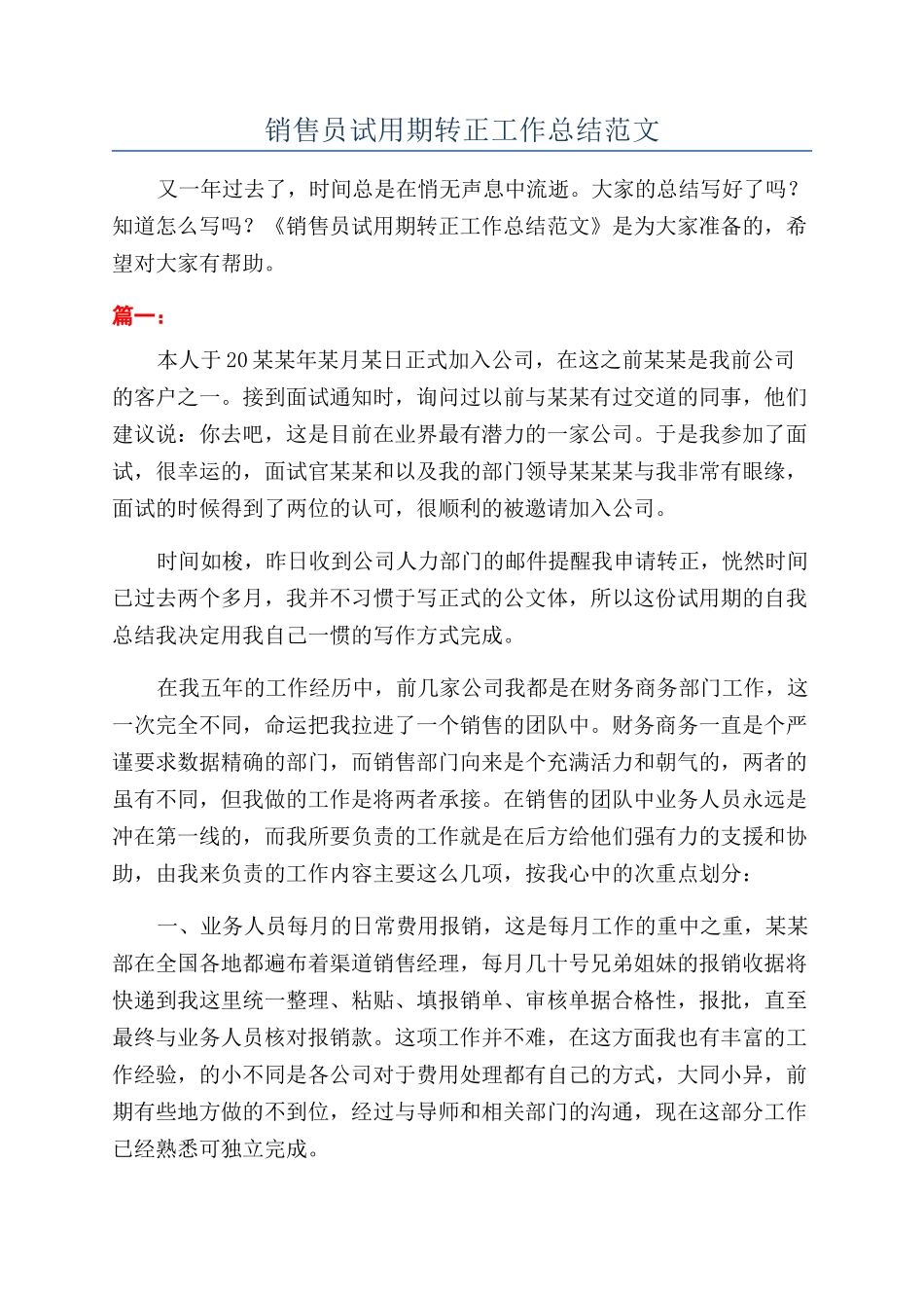 销售员试用期转正工作总结范文_第1页