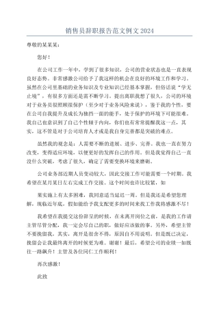 销售员辞职报告范文例文2024