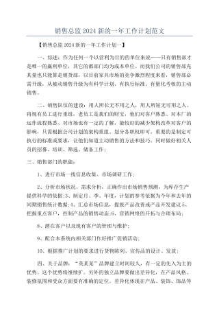销售总监2024新的一年工作计划范文