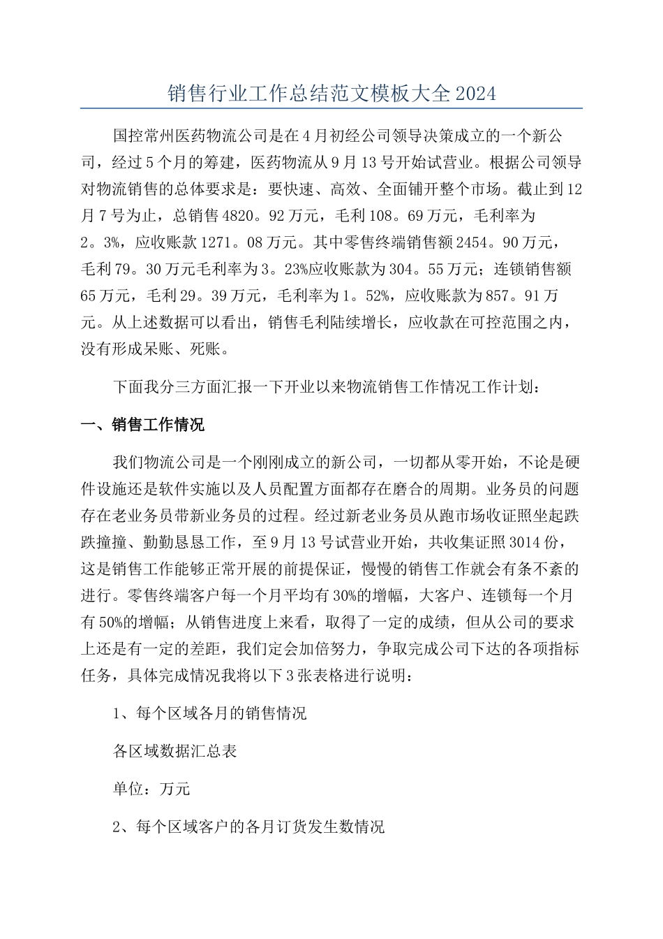 销售行业工作总结范文模板大全2024_第1页