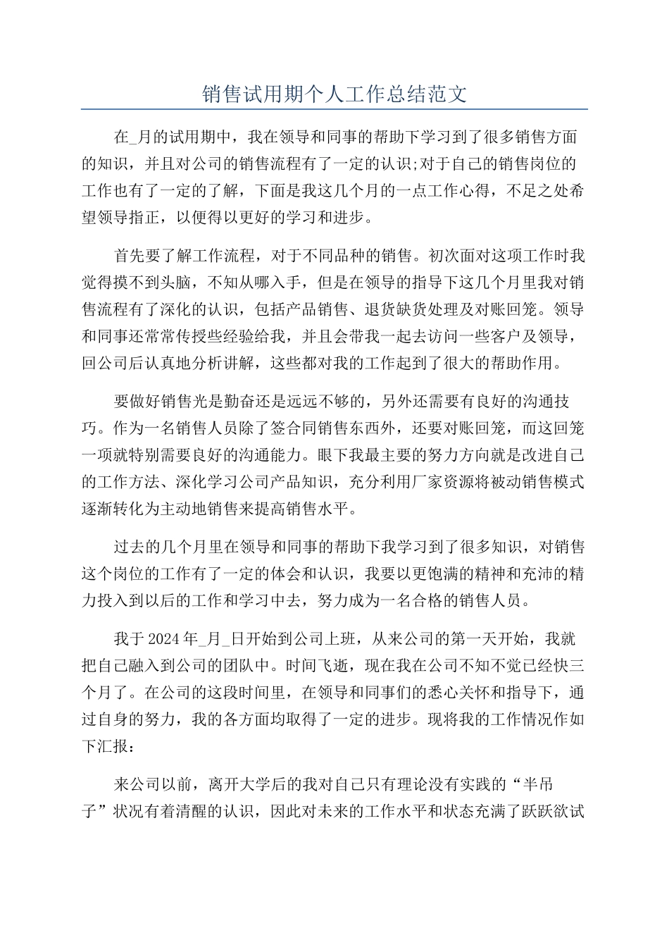 销售试用期个人工作总结范文_第1页