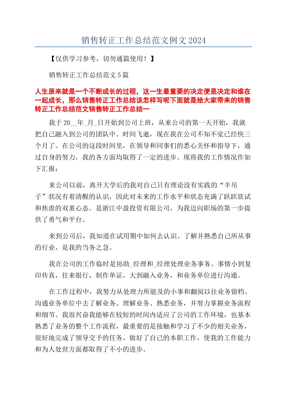 销售转正工作总结范文例文2024_第1页