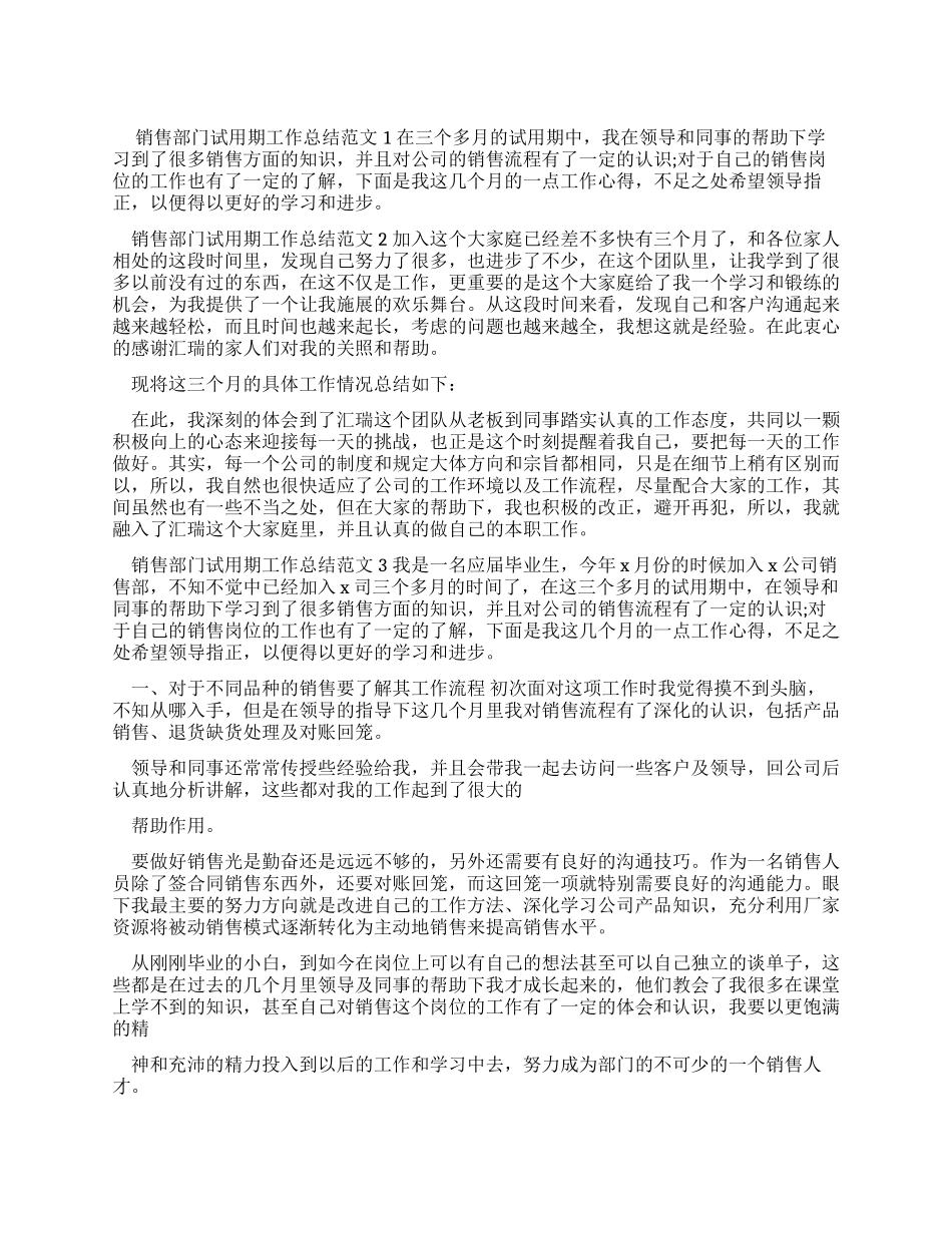 销售部门试用期工作总结例文-销售工作总结_第1页