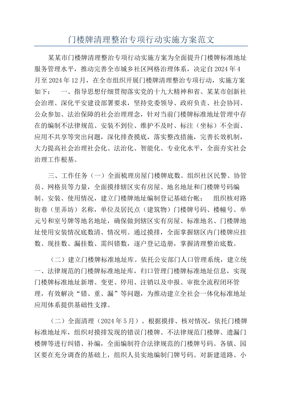 门楼牌清理整治专项行动实施方案范文_第1页