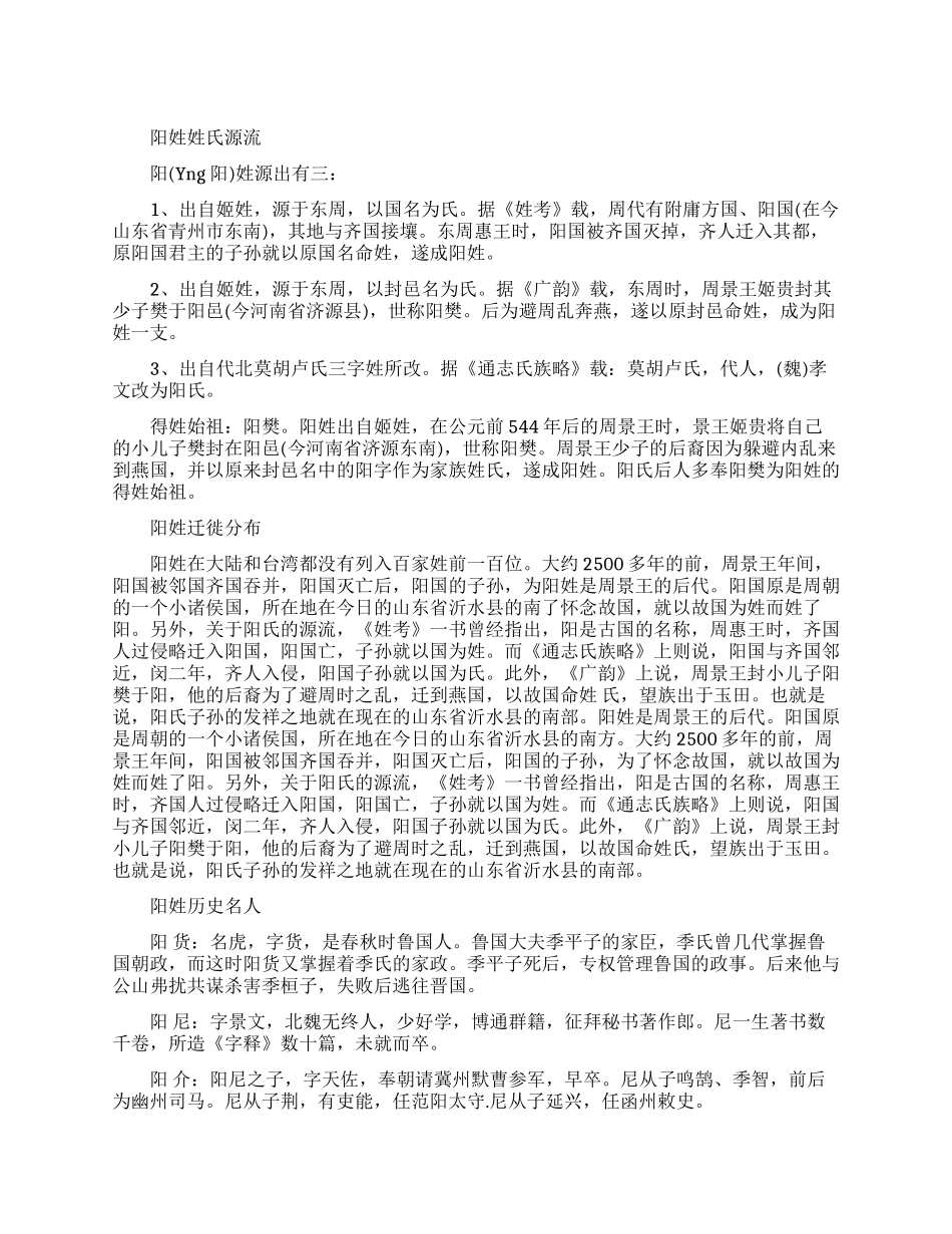 阳姓姓氏源流和迁徙分布_第1页
