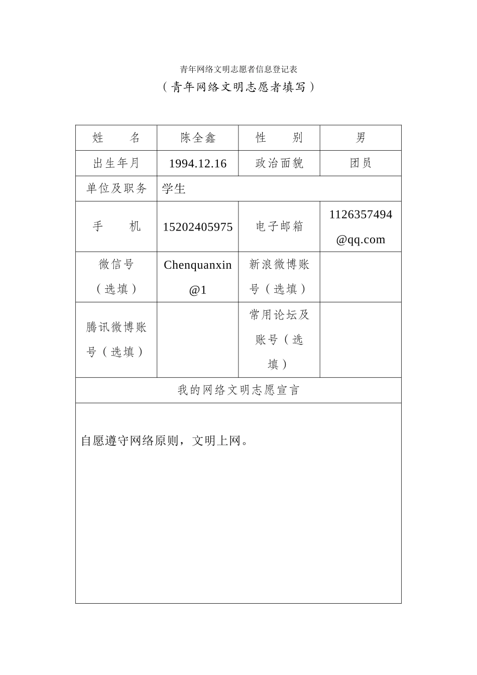 陈全鑫青年网络文明志愿者信息登记表_第1页