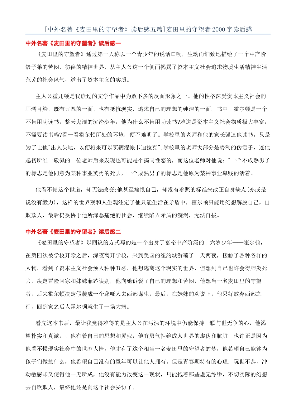 麦田里的守望者2000字读后感_第1页