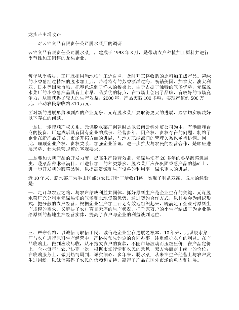 龙头带出增收路——对×脱水菜厂的调研_第1页
