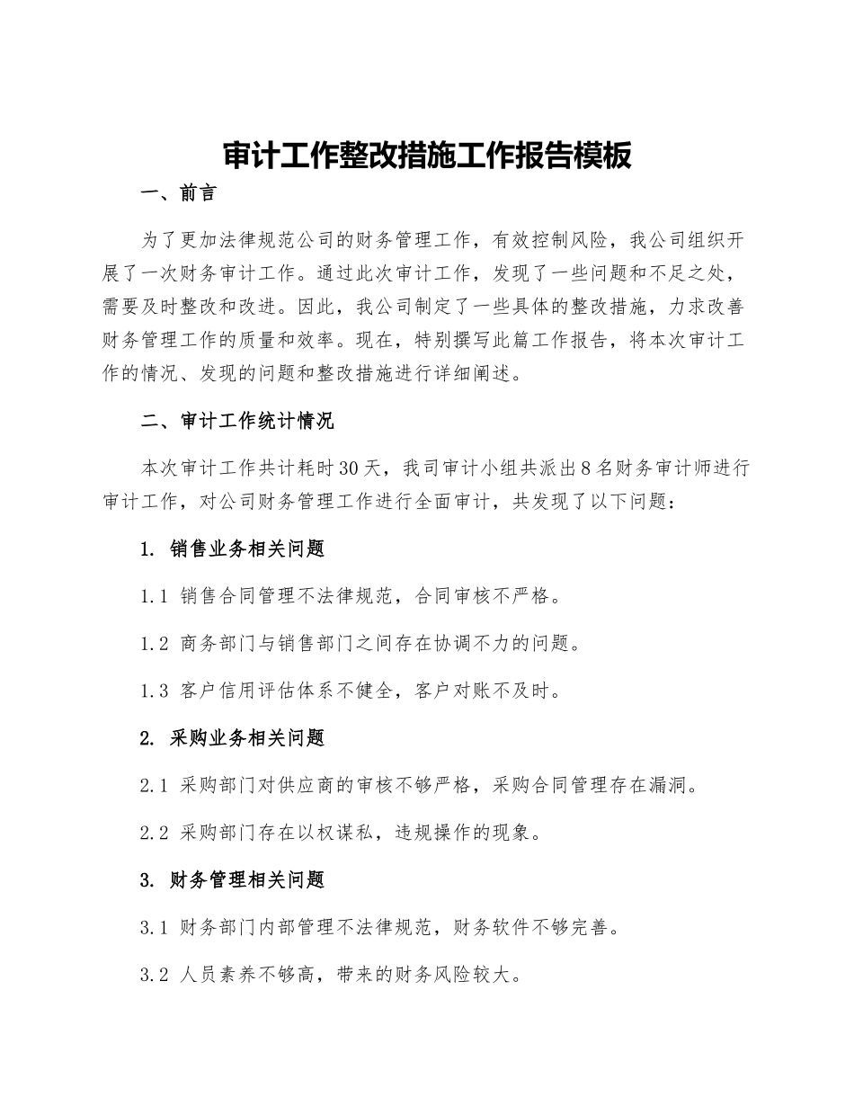 审计工作整改措施工作报告模板_第1页
