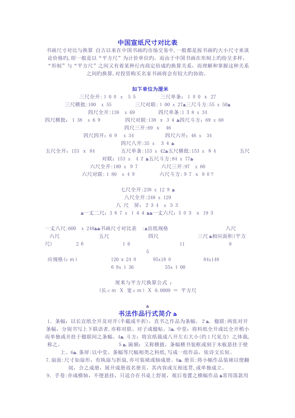 宣纸尺寸对照表及书法创作常用知识_第1页