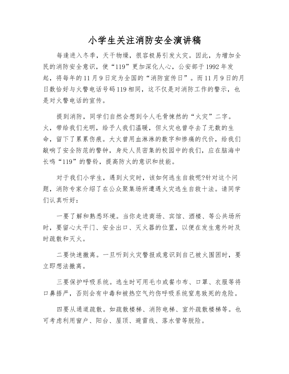 小学生关注消防安全演讲稿_第1页