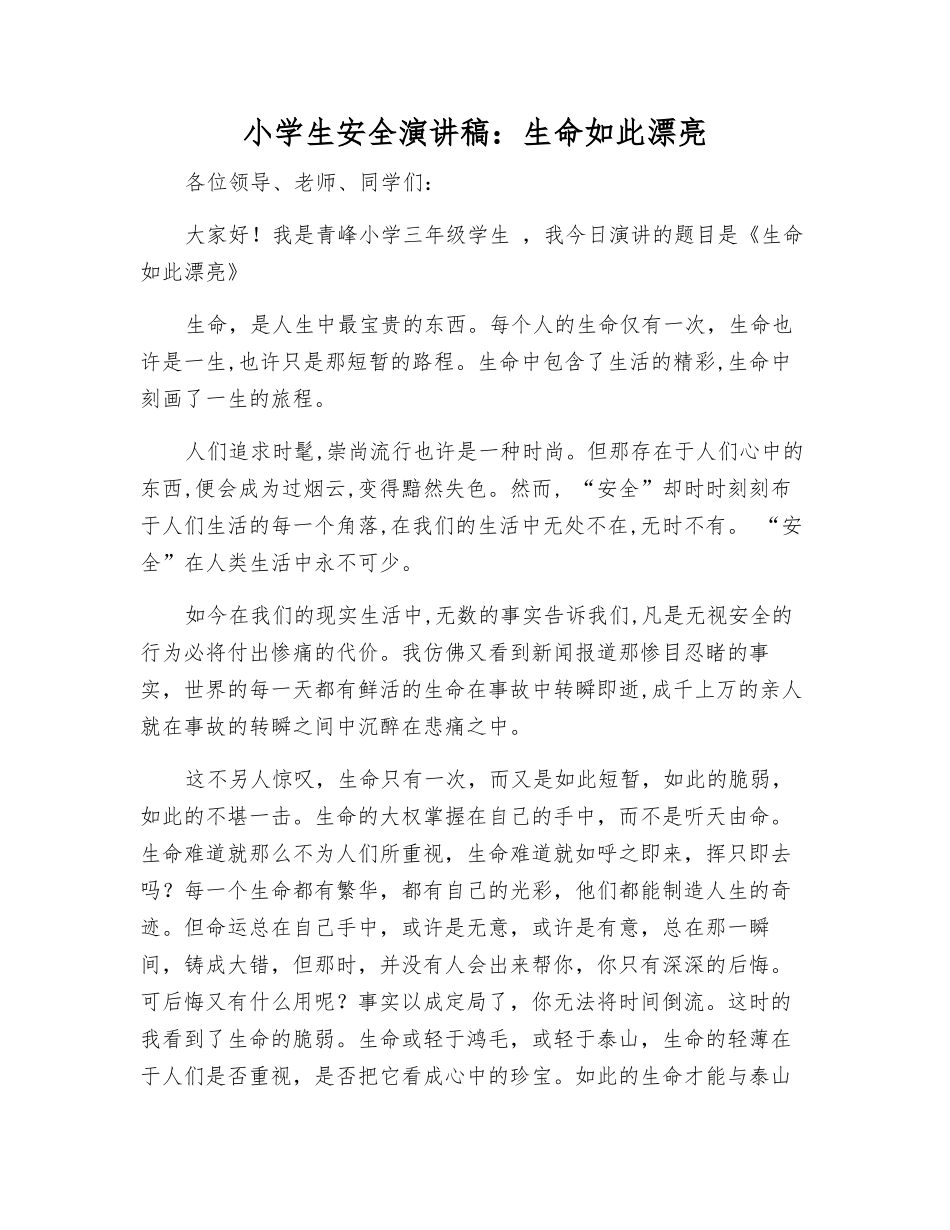 小学生安全演讲稿生命如此美丽_第1页