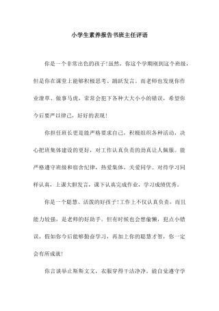 小学生素质报告书班主任评语