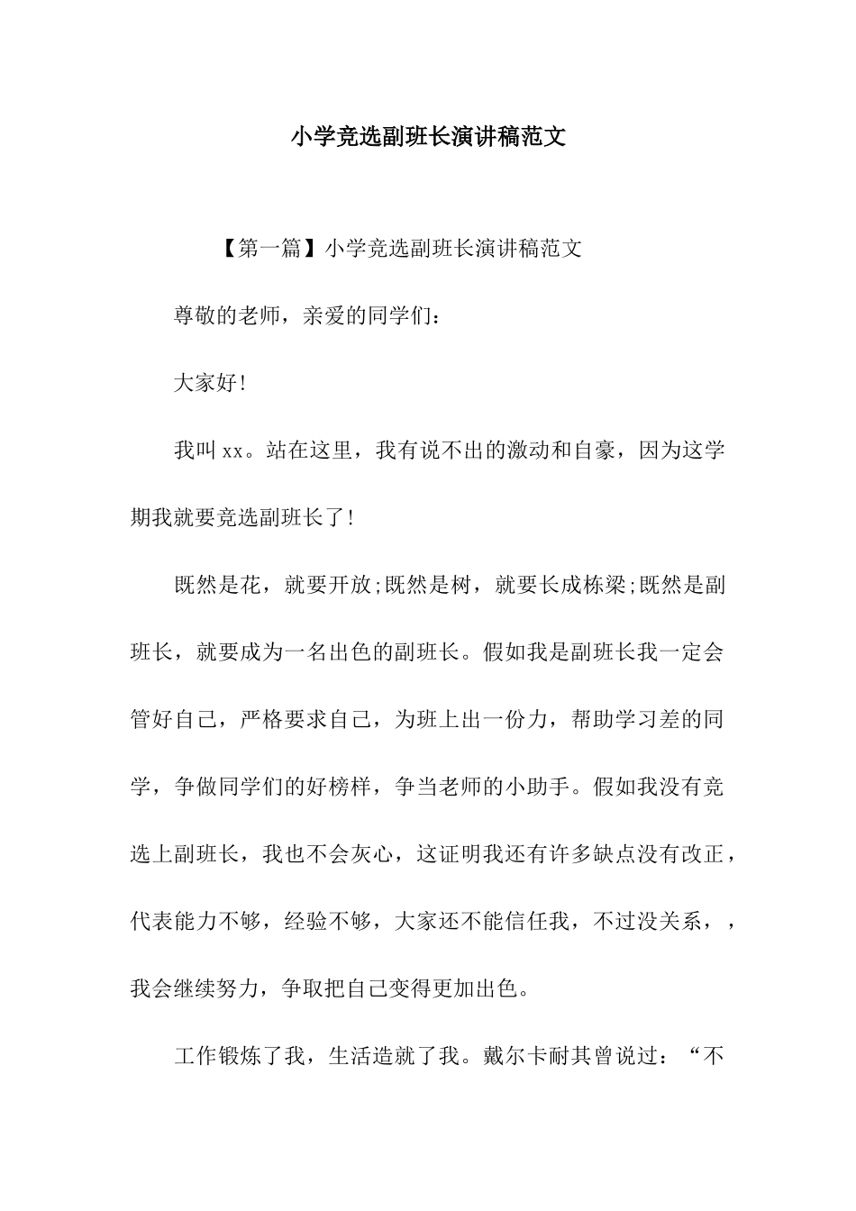 小学竞选副班长演讲稿范文_第1页