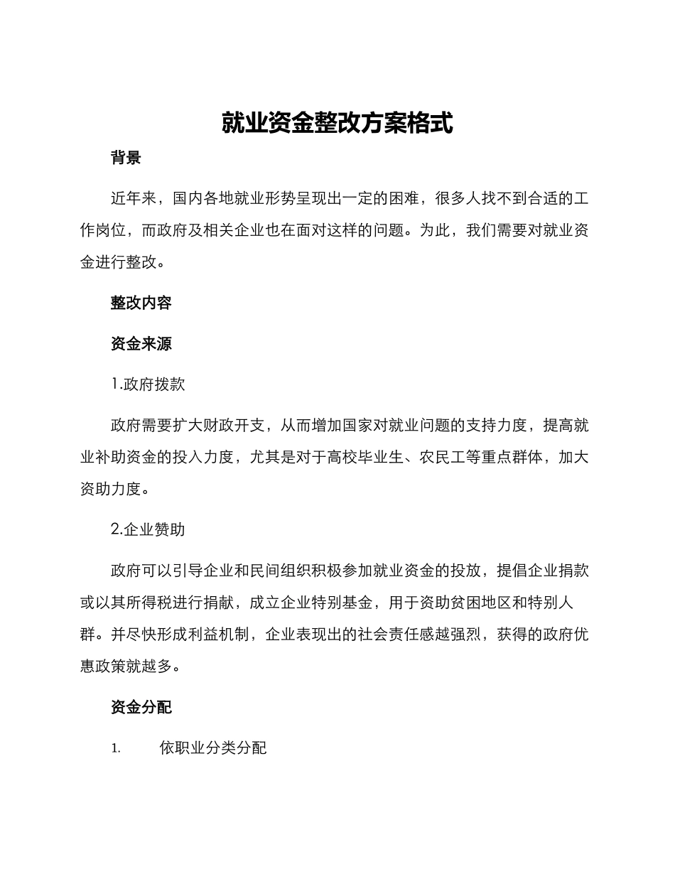 就业资金整改方案格式_第1页