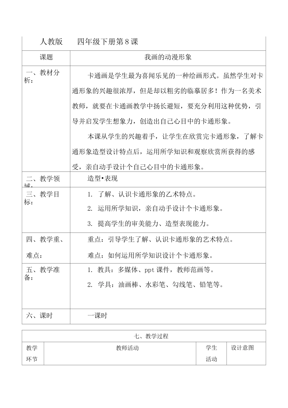 人教版四年级下册美术教案《我画的动漫形象》_第1页