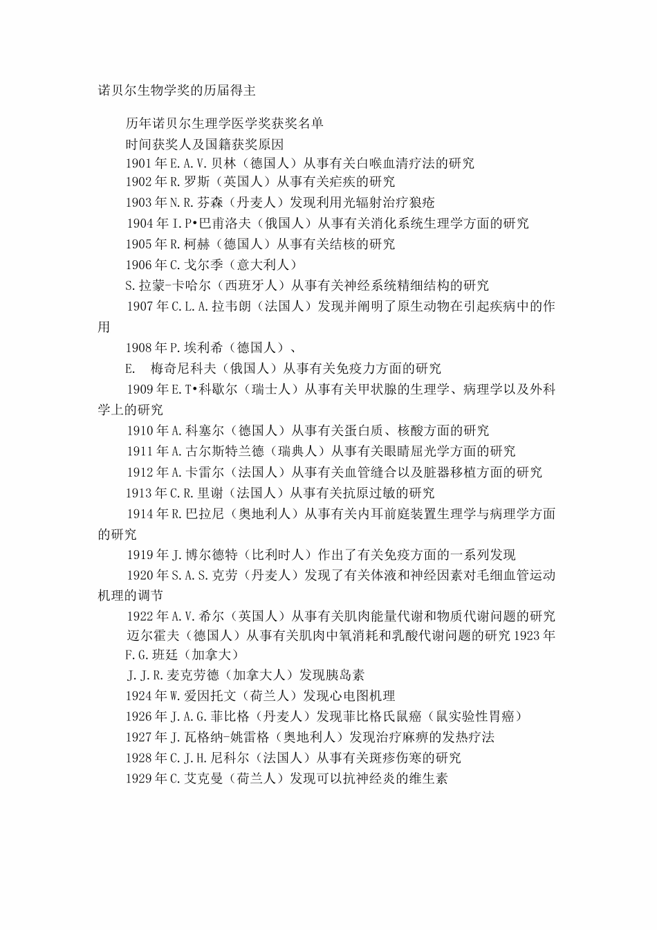 诺贝尔生物学奖历届得主_第1页
