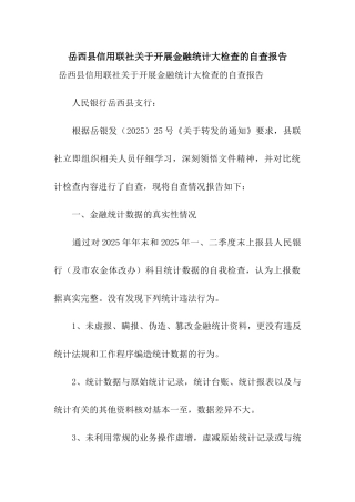 岳西县信用联社关于开展金融统计大检查的自查报告