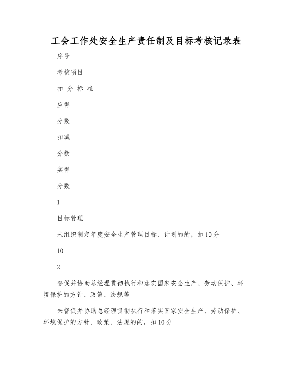 工会工作处安全生产责任制及目标考核记录表_第1页