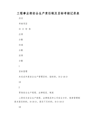 工程事业部安全生产责任制及目标考核记录表