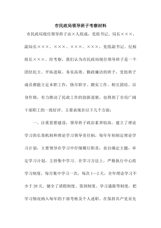 市民政局领导班子考察材料