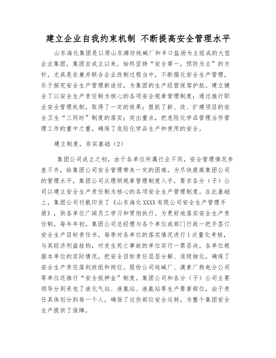 建立企业自我约束机制-不断提高安全管理水平_第1页