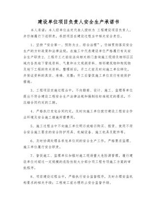建设单位项目负责人安全生产承诺书