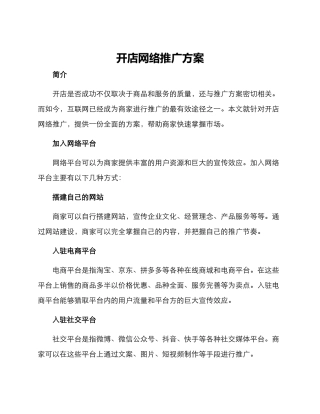 开店网络推广方案
