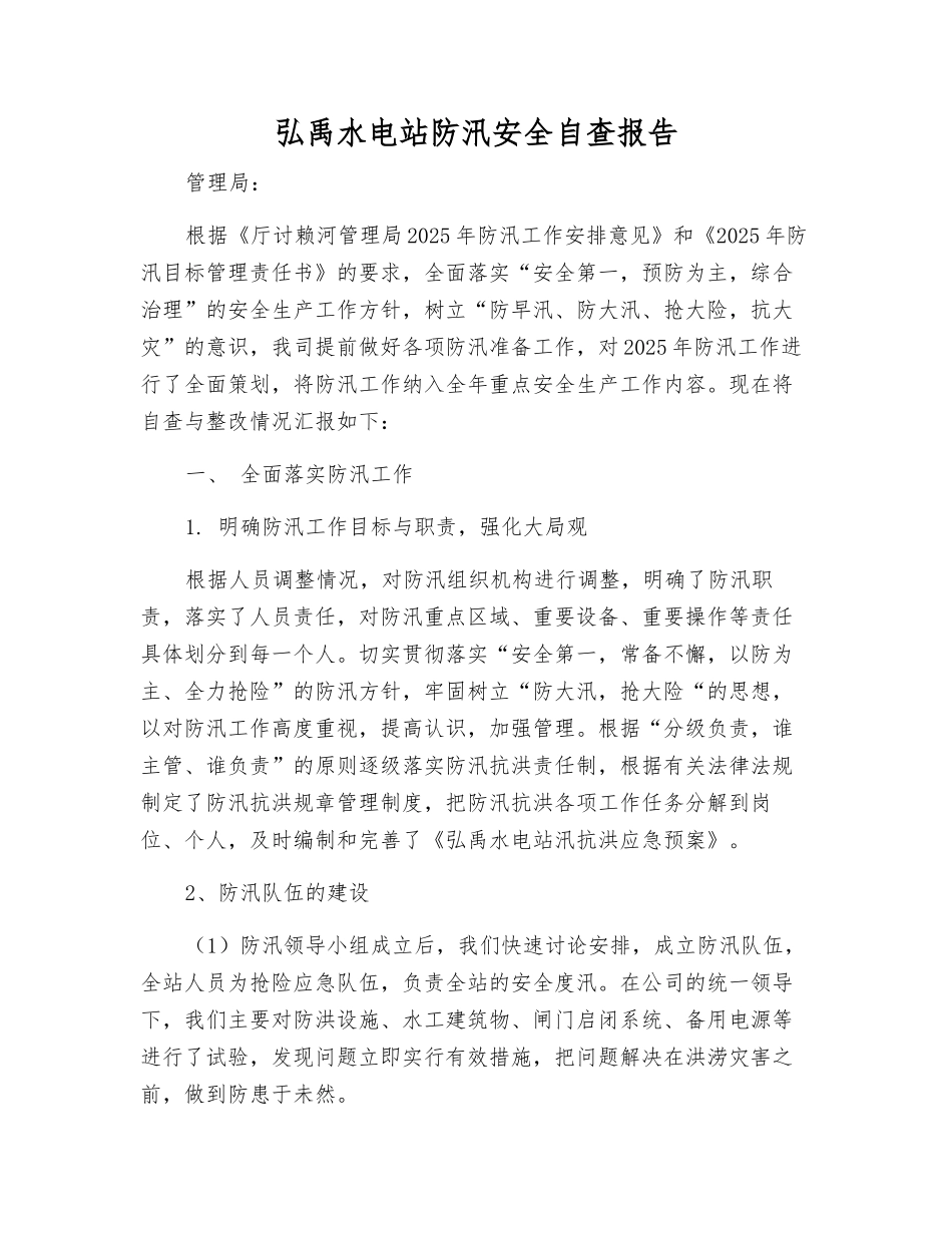 弘禹水电站防汛安全自查报告_第1页