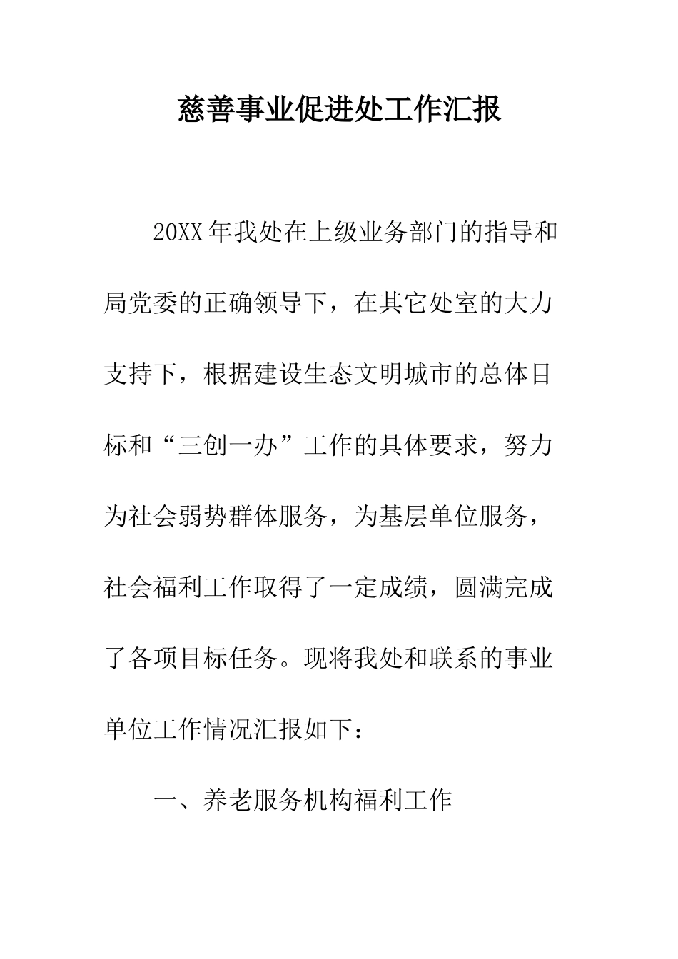 慈善事业促进处工作汇报--精编范文_第1页