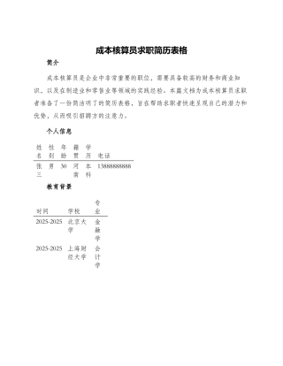 成本核算员求职简历表格