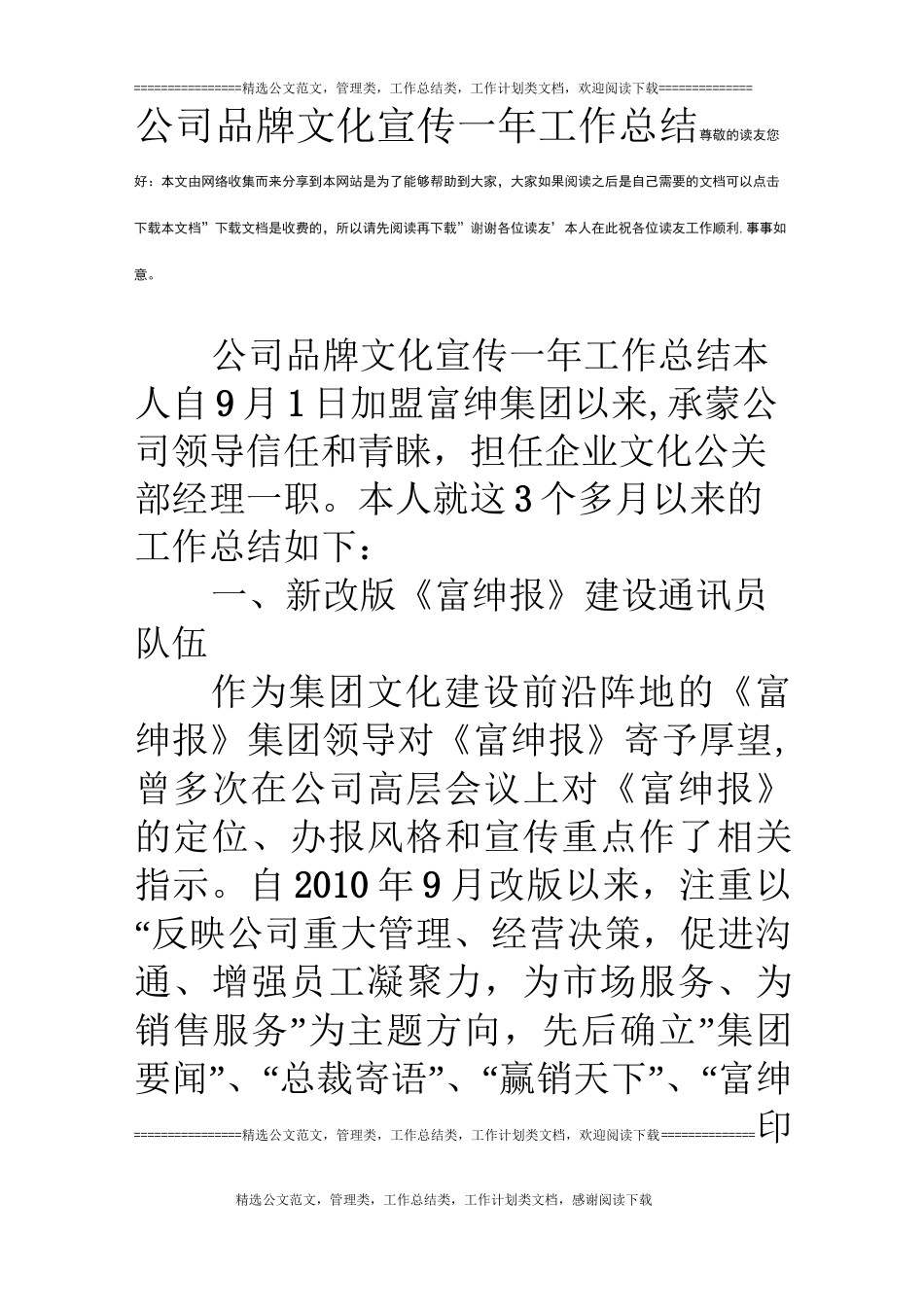 公司品牌文化宣传一年工作总结_第1页