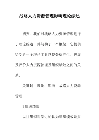 战略人力资源管理影响理论综述