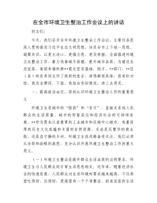 在全市环境卫生整治工作会议上的讲话