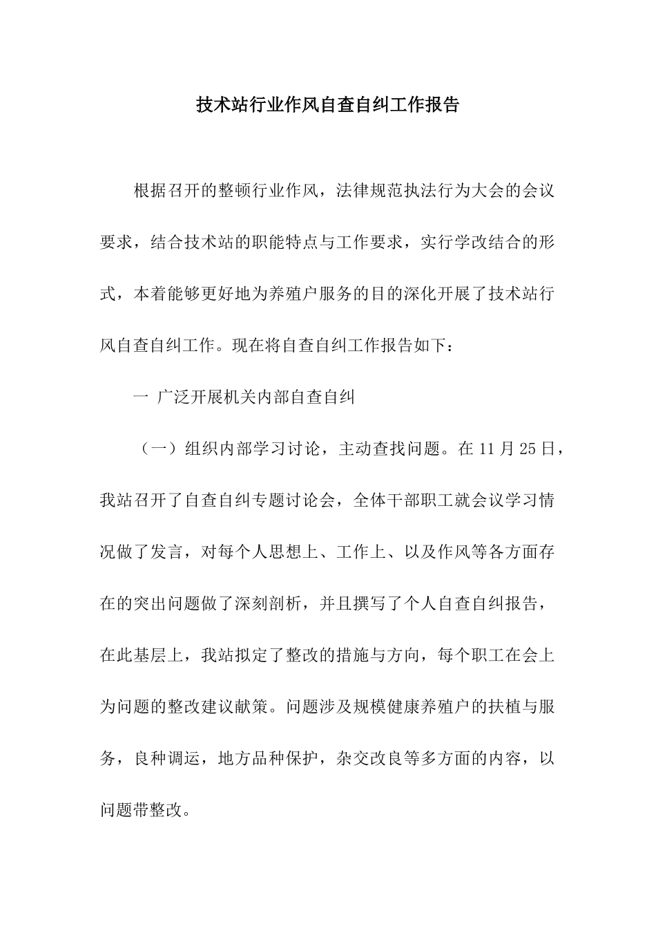 技术站行业作风自查自纠工作报告_第1页
