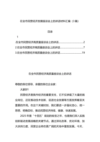在全市民营经济发展座谈会上的讲话材料汇编（3篇）