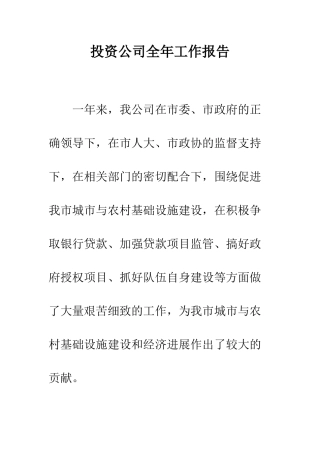 投资公司全年工作报告--精编范文